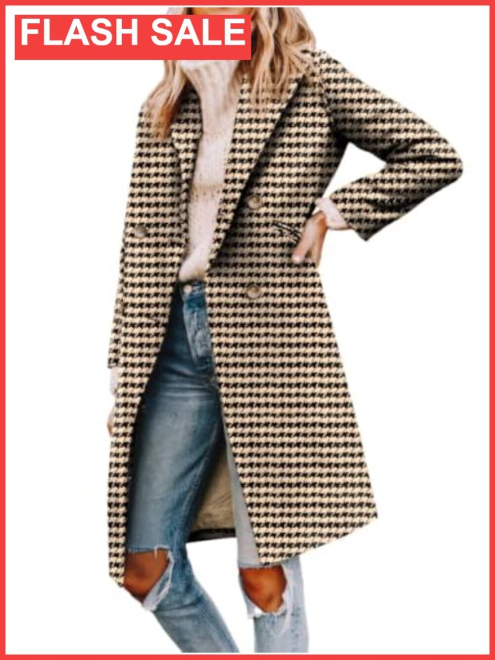 Double Breasted Notched Lapel Pea Coat Mid Long Fitted Houndstooth Women's